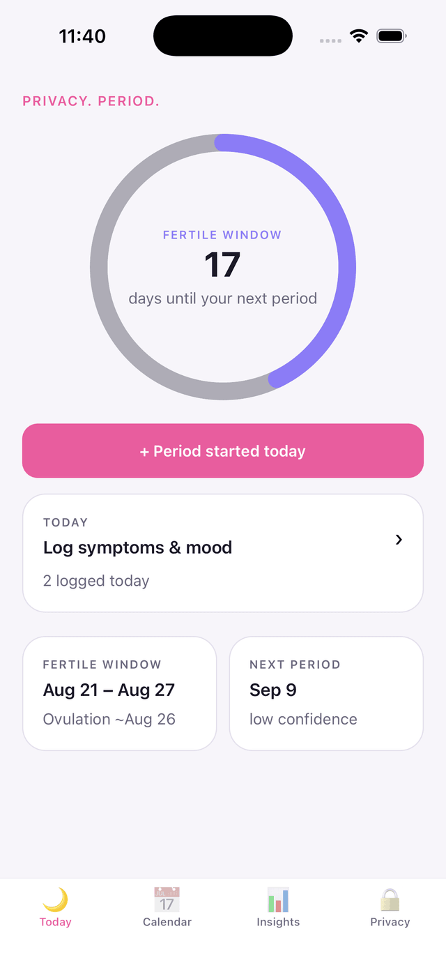 Privacy. Period. home screen showing the cycle wheel and predictions